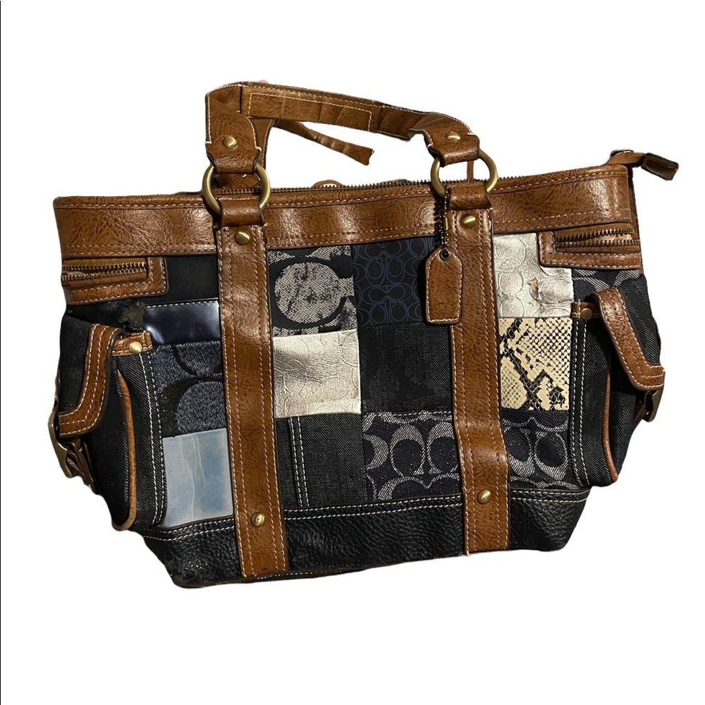 Coach Distressed Leather Denim Signature Patchwork Gigi Tote Bag - Picture 4 of 8